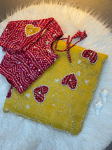 Two-Tone Gold Crush Silk Saree with Bandhej Handwork Cutdana Butta and Foil Print Stitched Blouse