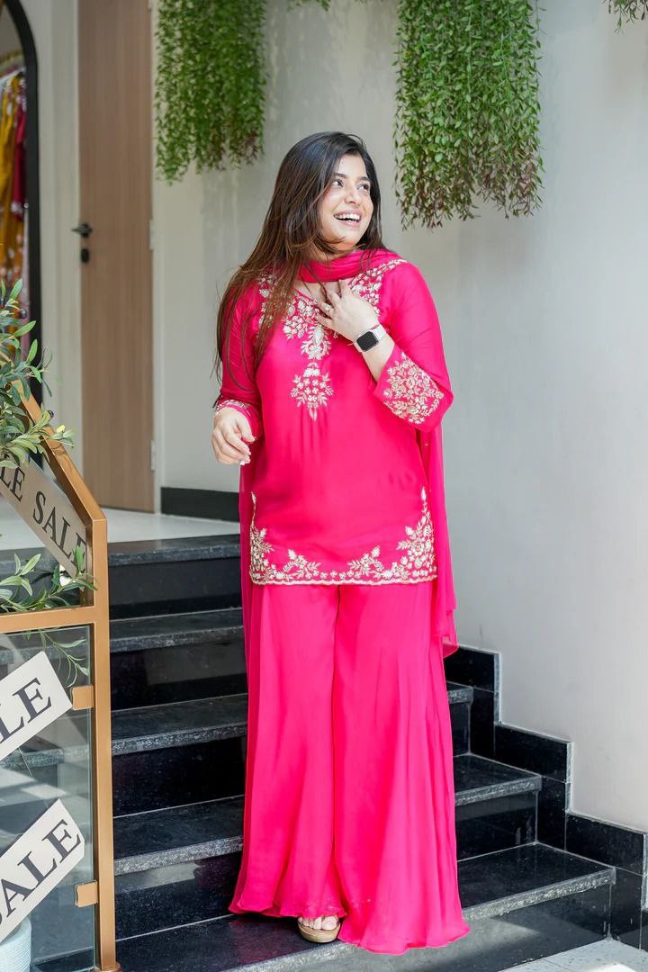 Handwork Mul Chanderi Kurta Sharara Set with Chiffon Dupatta