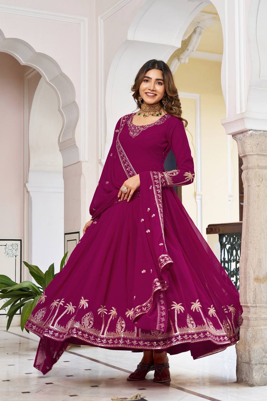 Faux Georgette Embroidered Gown Set with Sequence Work & Matching Pant