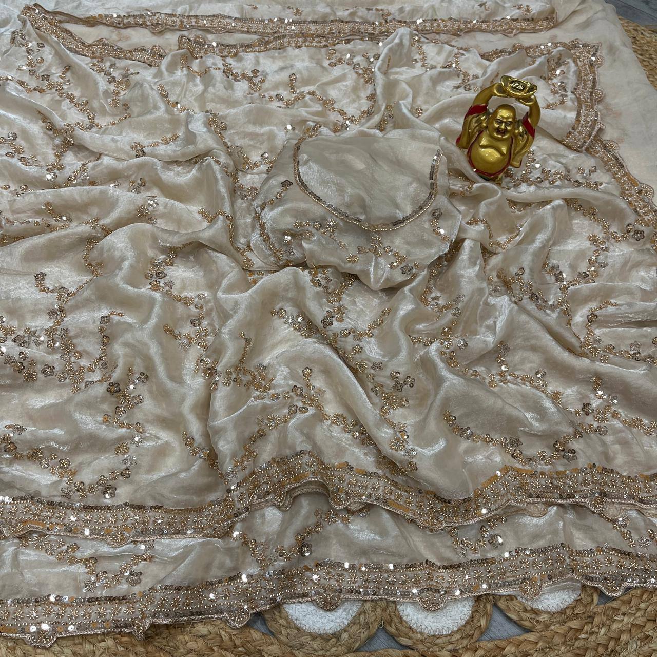 Designer Space Silk Party Wear Saree with Velvet Shine & Gold Cutdana Handwork