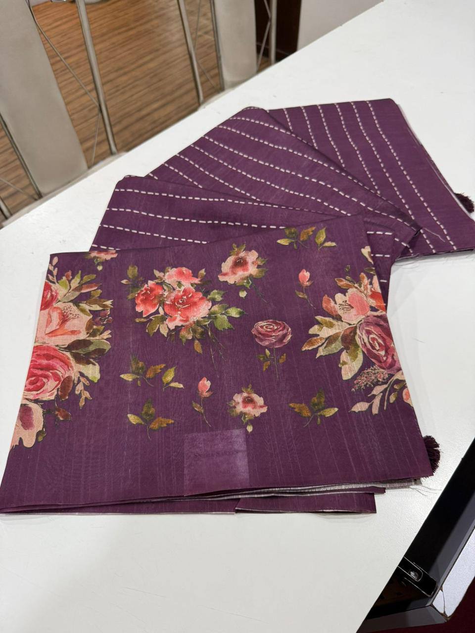 Digital Floral Print Semi Desi Tussar Silk Saree with Tassel Detail and Matching Blouse