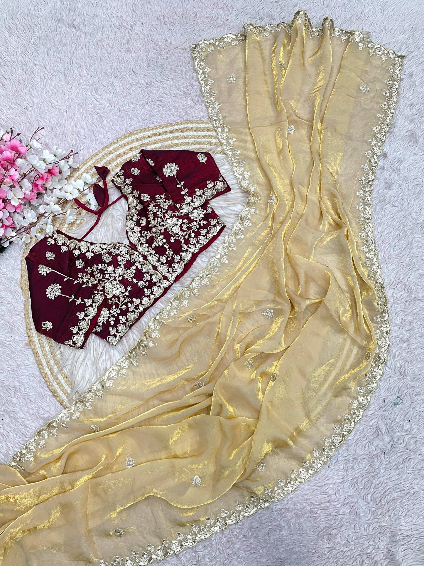 Premium Fendy Satin Silk Designer Saree with 5mm Sequins & Coding Embroidery Work | Fully Stitched Blouse