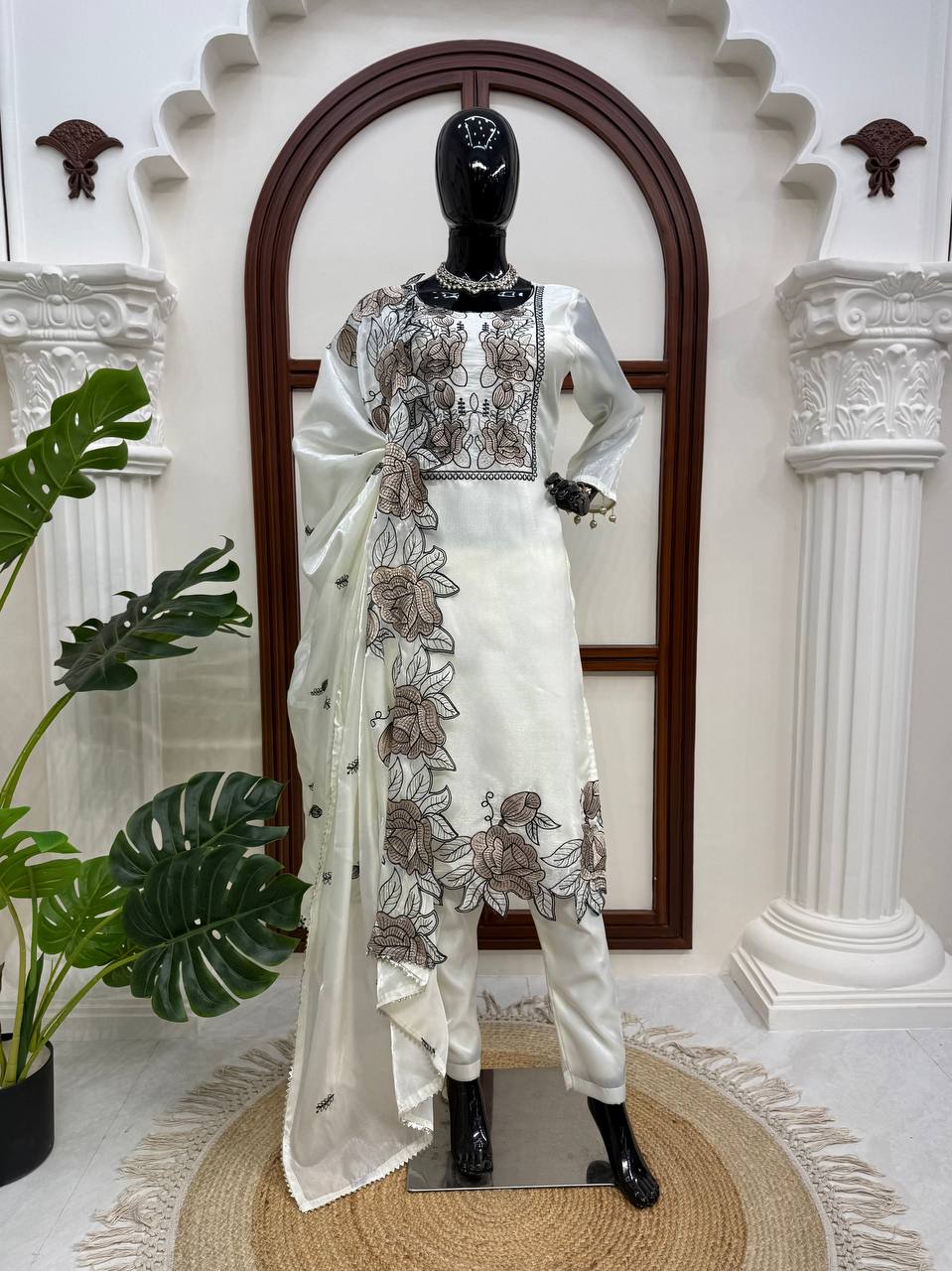Premium JMC Silk Thread Work Kurti Pant Dupatta Set | Festive Wear