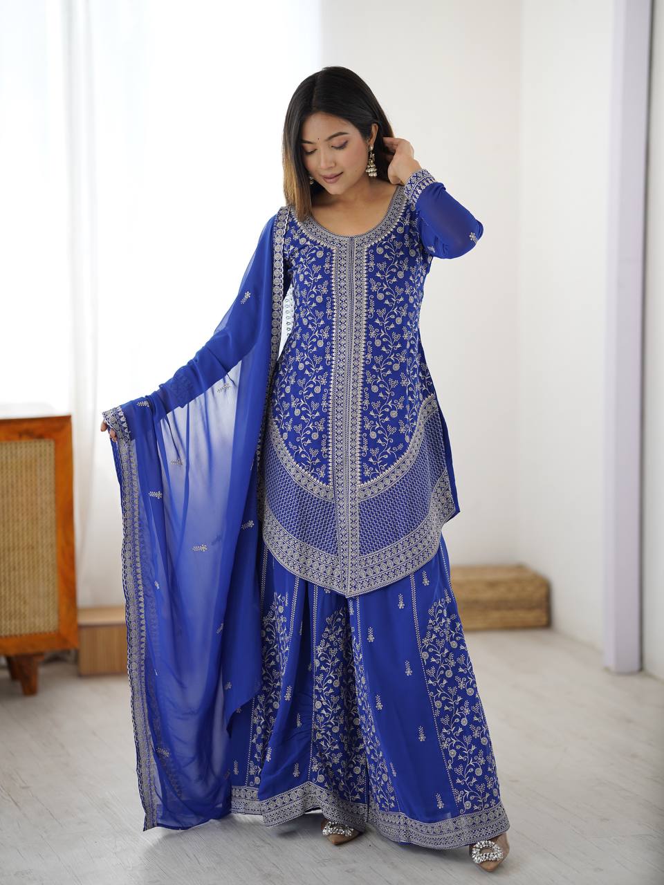 Designer Faux Georgette Embroidered Palazzo Suit Set with Sequins Work Dupatta | Ready to Wear Wedding & Festive Ethnic Wear for Women