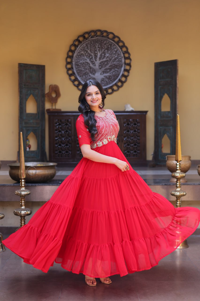 Party Wear Faux Blooming Long Gown with Heavy Embroidery Work