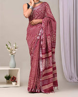Premium Linen Saree with Digital Printed Pallu and Silver Zari Weaving Border