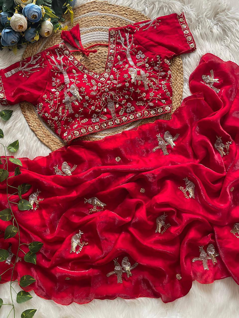 Handcrafted Khatli Work Satin Saree with Designer Stitched Blouse and Scalloped Border