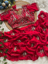 Handcrafted Khatli Work Satin Saree with Designer Stitched Blouse and Scalloped Border