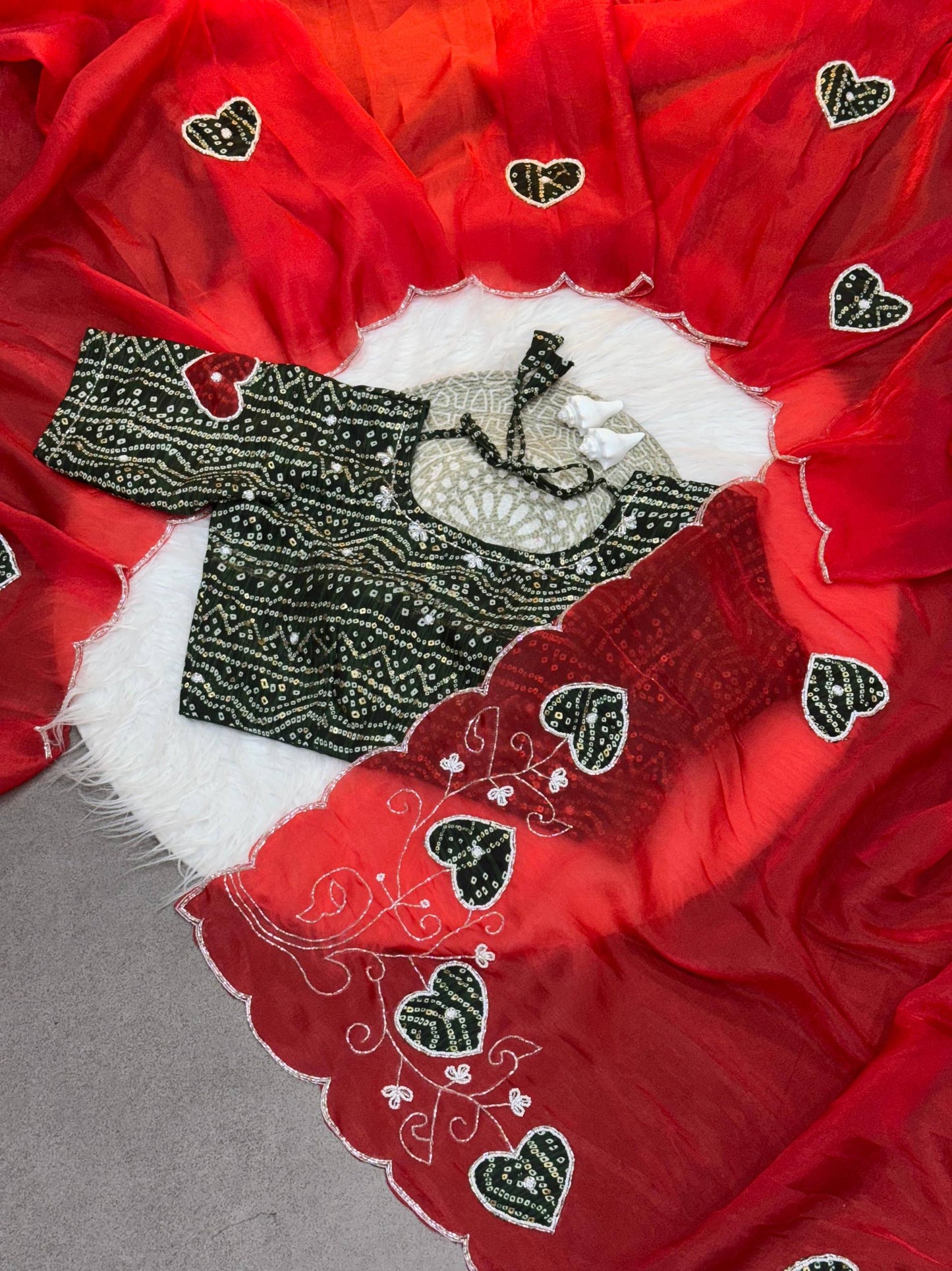 Two-Tone Gold Crush Silk Saree with Bandhej Handwork Cutdana Butta and Foil Print Stitched Blouse