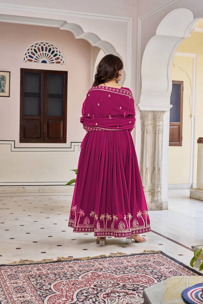 Faux Georgette Embroidered Gown Set with Sequence Work & Matching Pant