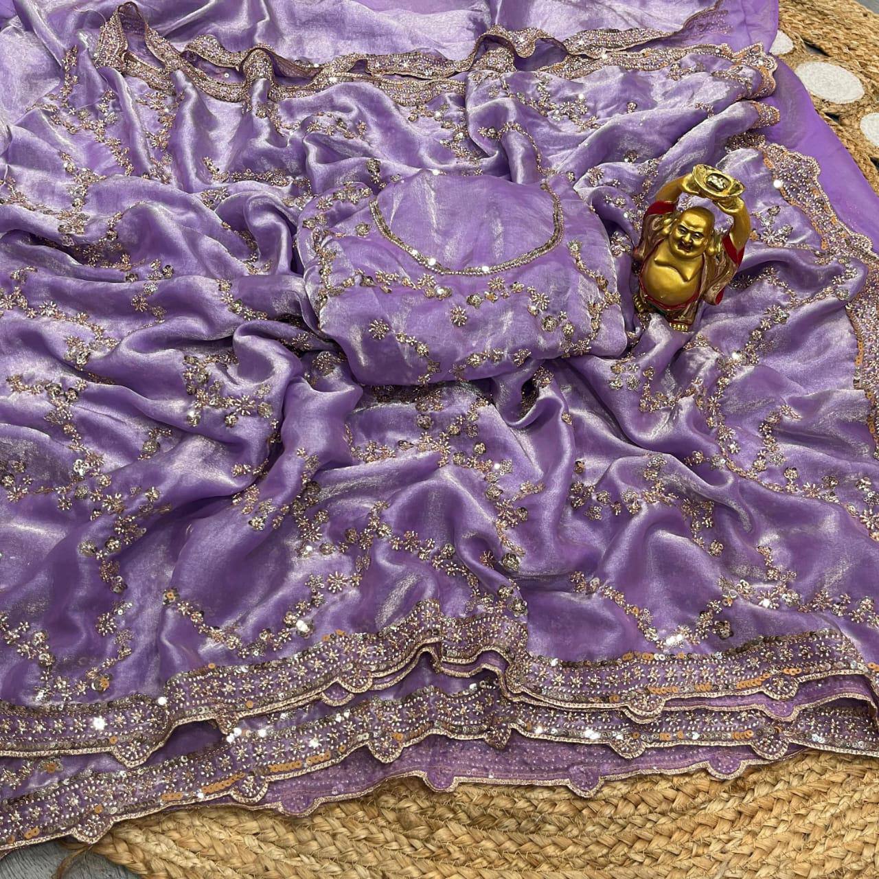 Designer Space Silk Party Wear Saree with Velvet Shine & Gold Cutdana Handwork