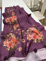 Digital Floral Print Semi Desi Tussar Silk Saree with Tassel Detail and Matching Blouse