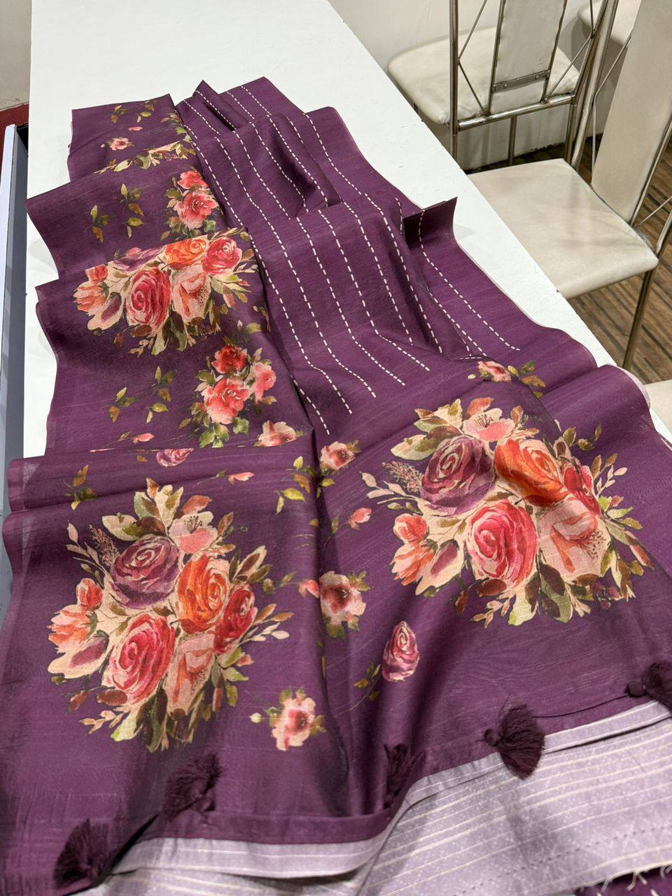 Digital Floral Print Semi Desi Tussar Silk Saree with Tassel Detail and Matching Blouse