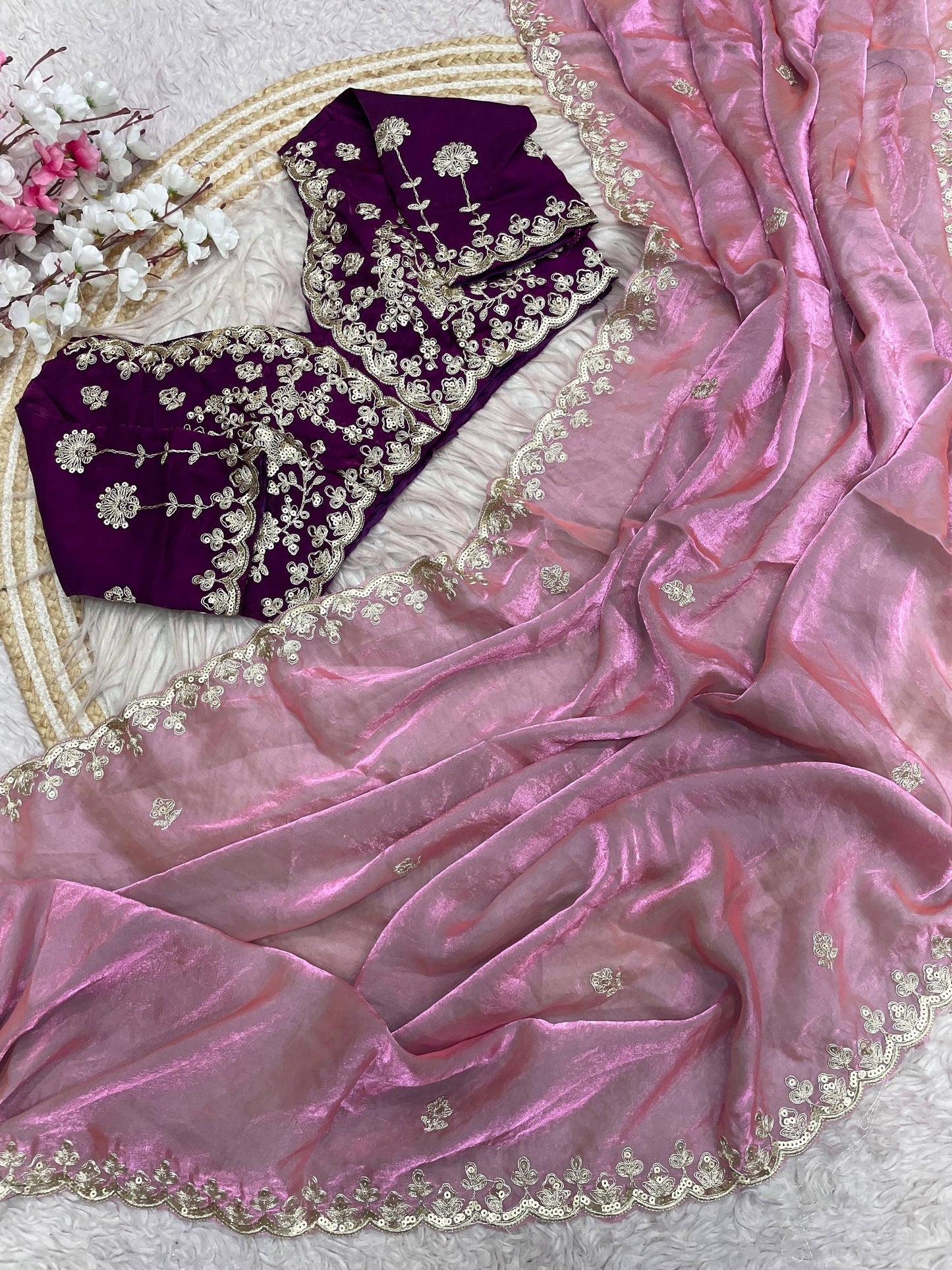 Premium Fendy Satin Silk Designer Saree with 5mm Sequins & Coding Embroidery Work | Fully Stitched Blouse