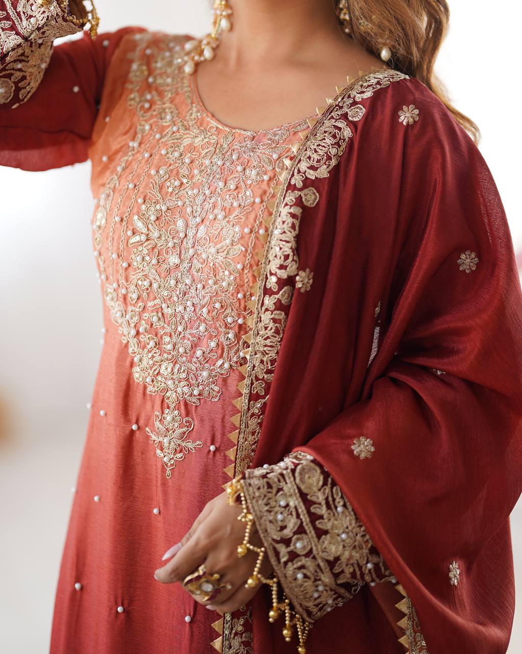 Premium Chinon Silk Embroidered Kurti Plazo Set with Dupatta | Coding Dori, Sequin & Moti Work | Party & Festive Wear