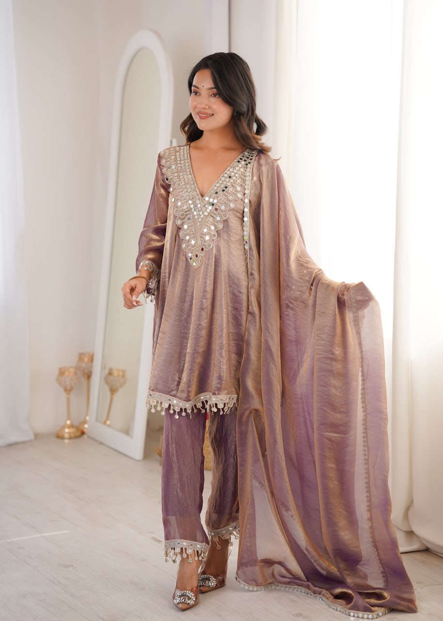 Designer Fendy Kurti Pant Dupatta Set with Real Mirror Work & Coding Embroidery | Festive Ethnic Wear Suit