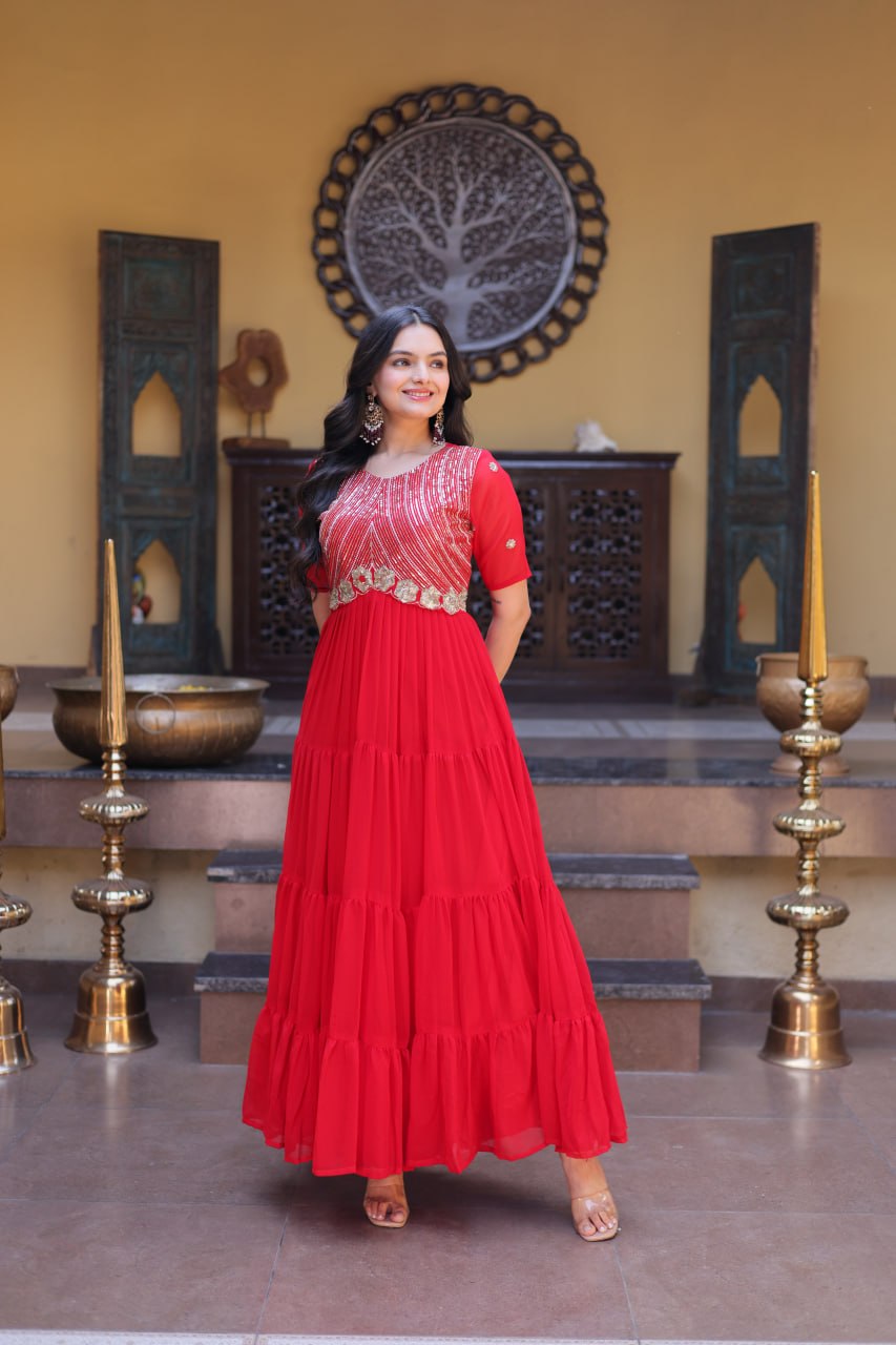 Party Wear Faux Blooming Long Gown with Heavy Embroidery Work