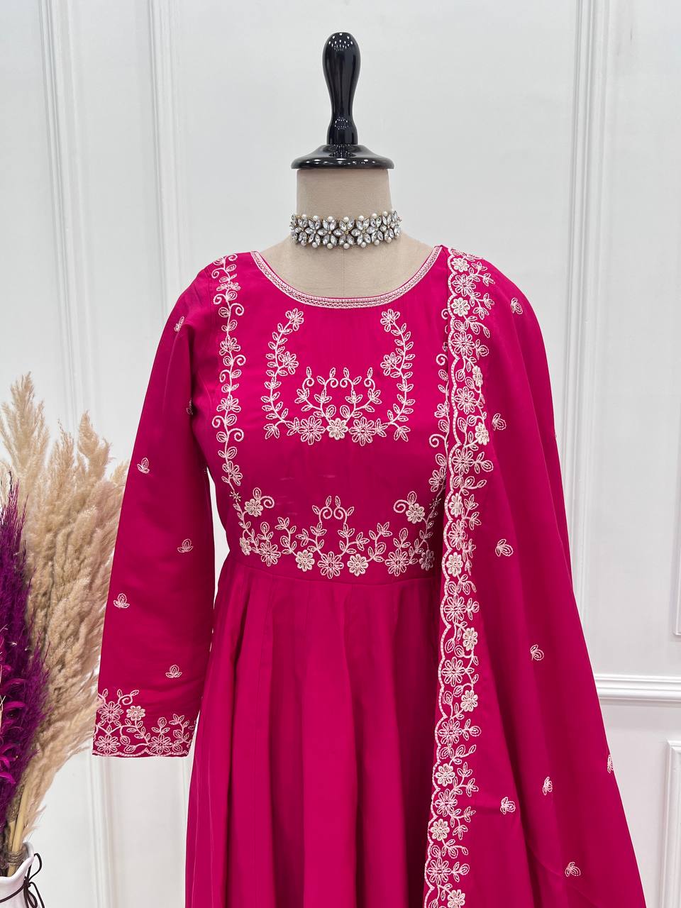 Premium Roman Chanderi Silk Anarkali Gown Set with Handcrafted Beads & Embroidery Work