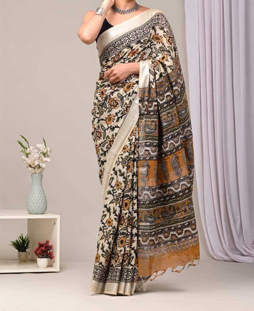 Premium Linen Saree with Digital Printed Pallu and Silver Zari Weaving Border