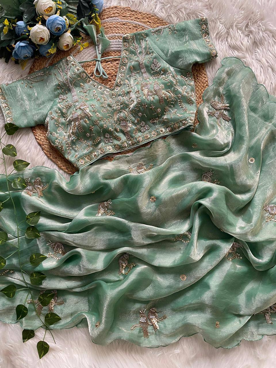 Handcrafted Khatli Work Satin Saree with Designer Stitched Blouse and Scalloped Border