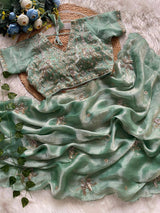 Handcrafted Khatli Work Satin Saree with Designer Stitched Blouse and Scalloped Border