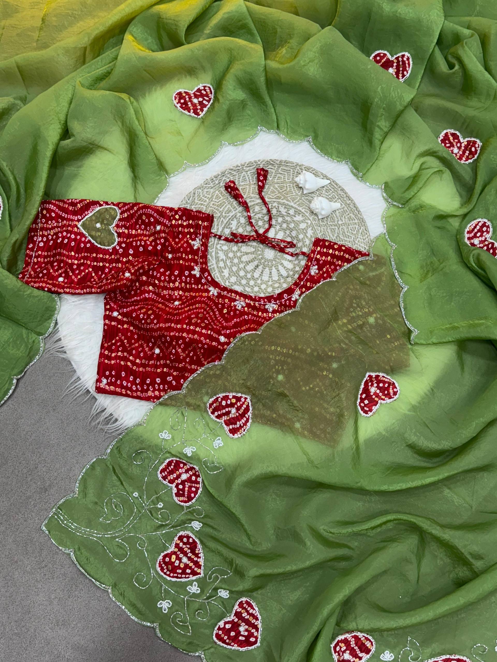 Two-Tone Gold Crush Silk Saree with Bandhej Handwork Cutdana Butta and Foil Print Stitched Blouse