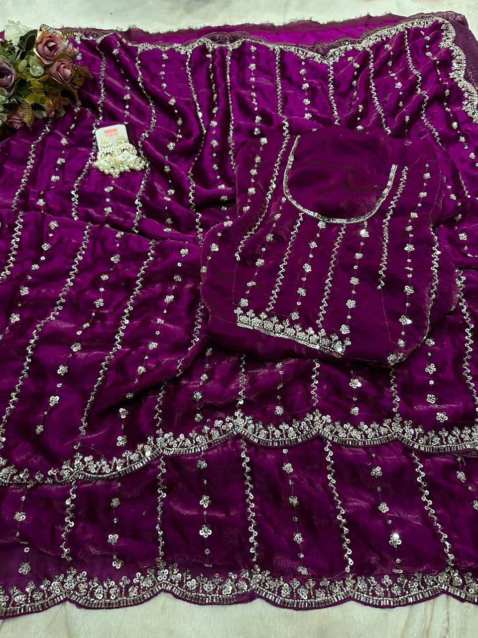 Pure Space Silk Party Wear Saree with Gold Beads, Sequins & Cutdana Handwork and Designer Work Blouse