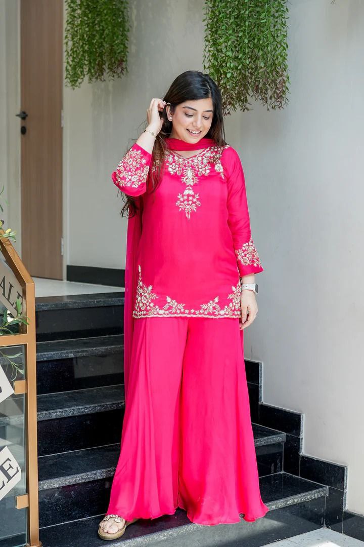 Handwork Mul Chanderi Kurta Sharara Set with Chiffon Dupatta