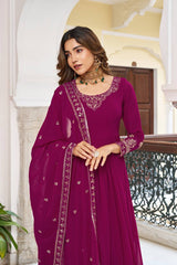 Faux Georgette Embroidered Gown Set with Sequence Work & Matching Pant