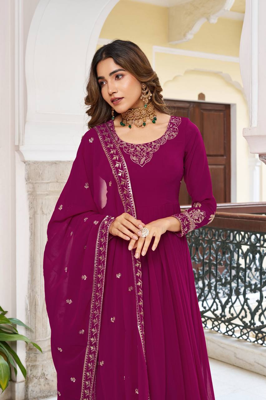 Faux Georgette Embroidered Gown Set with Sequence Work & Matching Pant