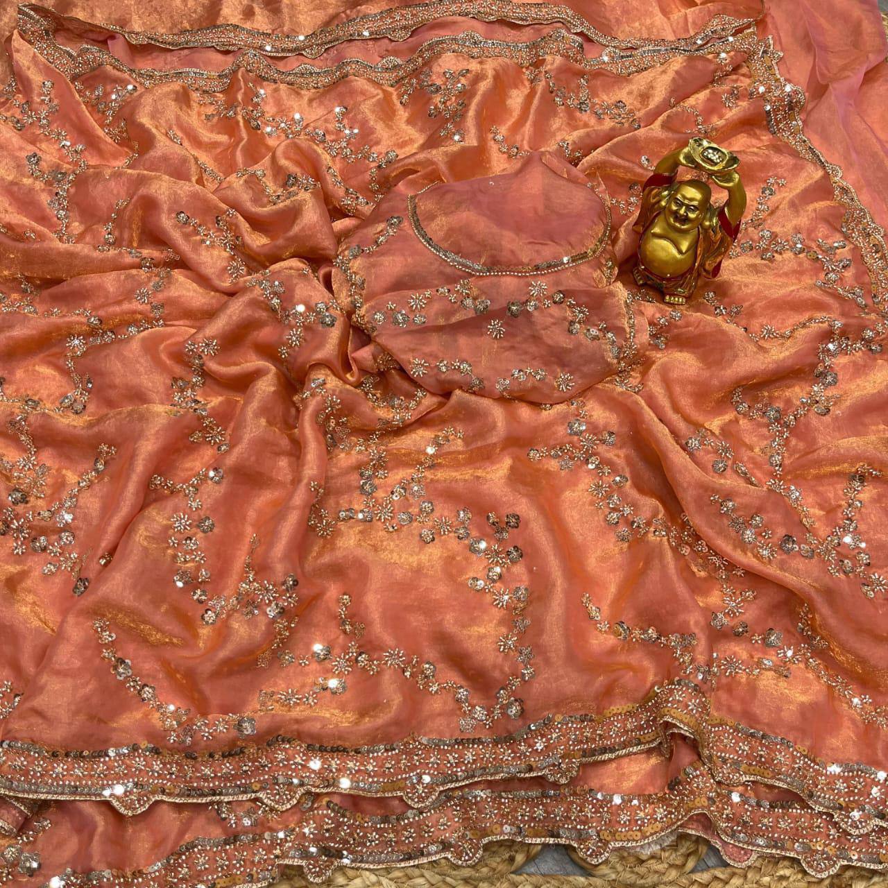 Designer Space Silk Party Wear Saree with Velvet Shine & Gold Cutdana Handwork