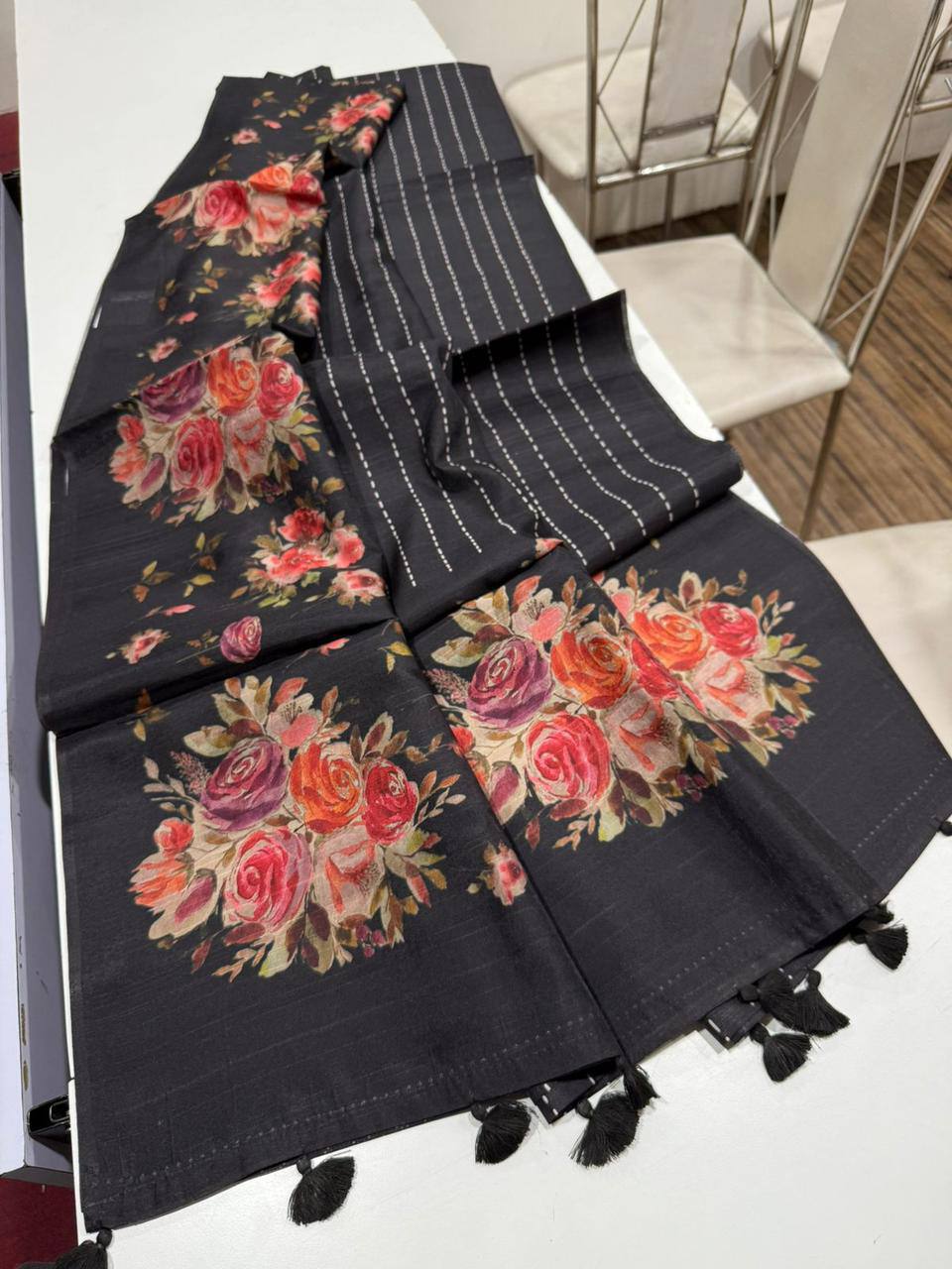 Digital Floral Print Semi Desi Tussar Silk Saree with Tassel Detail and Matching Blouse