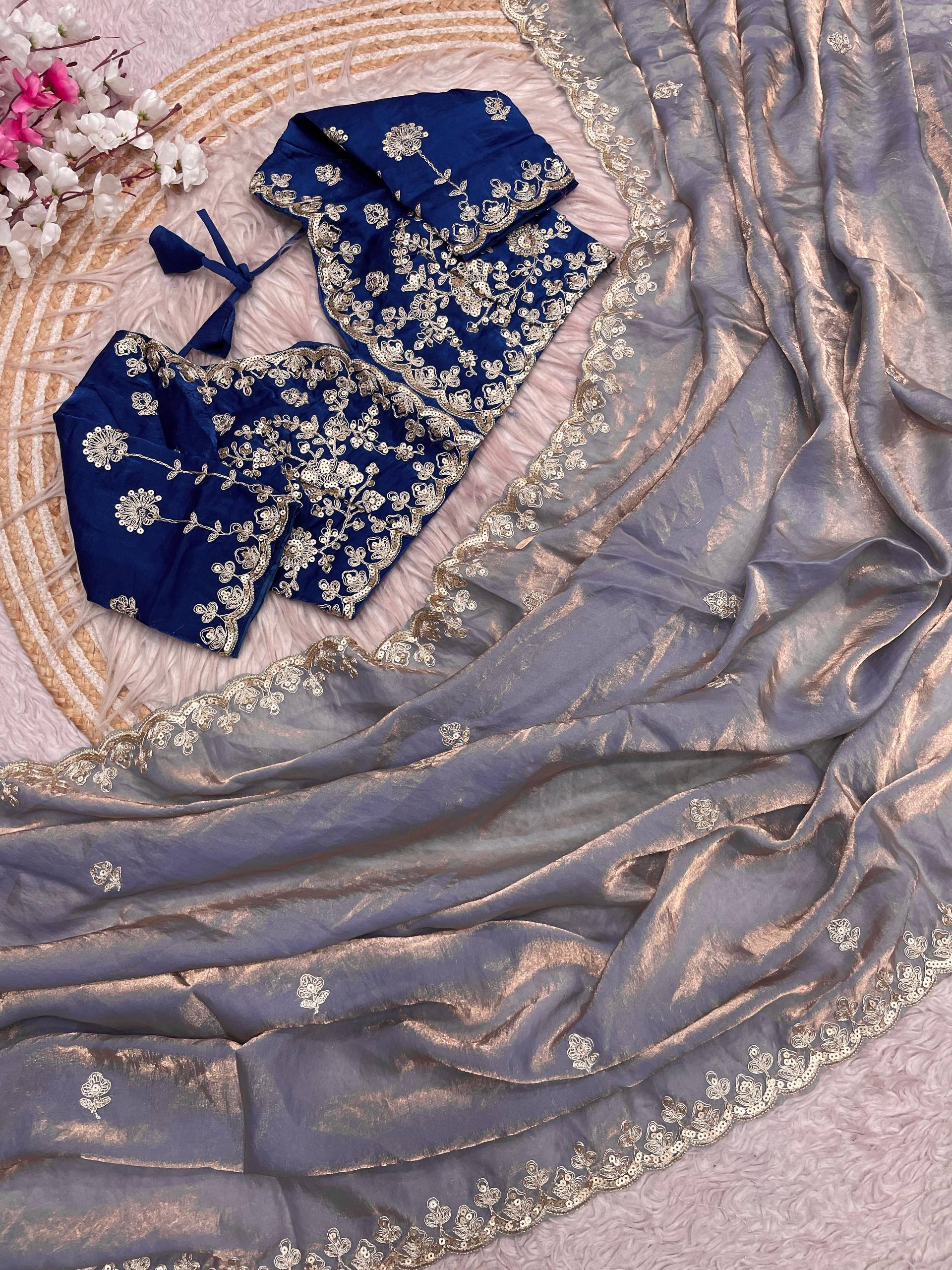 Premium Fendy Satin Silk Designer Saree with 5mm Sequins & Coding Embroidery Work | Fully Stitched Blouse