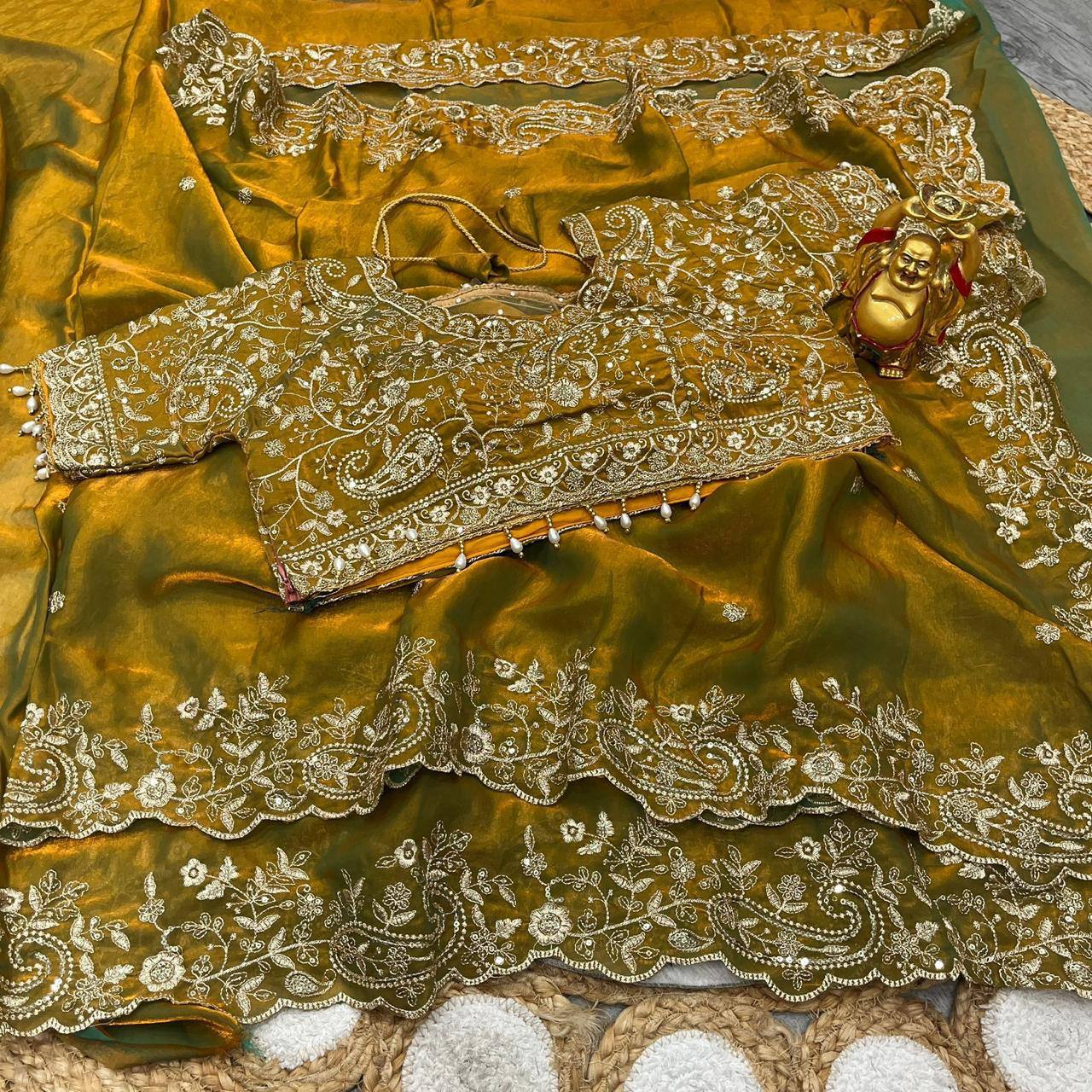 Premium Fendy Satin Designer Saree with Heavy Embroidery & 3mm Sequin Work – Luxury Ethnic Celebration Wear