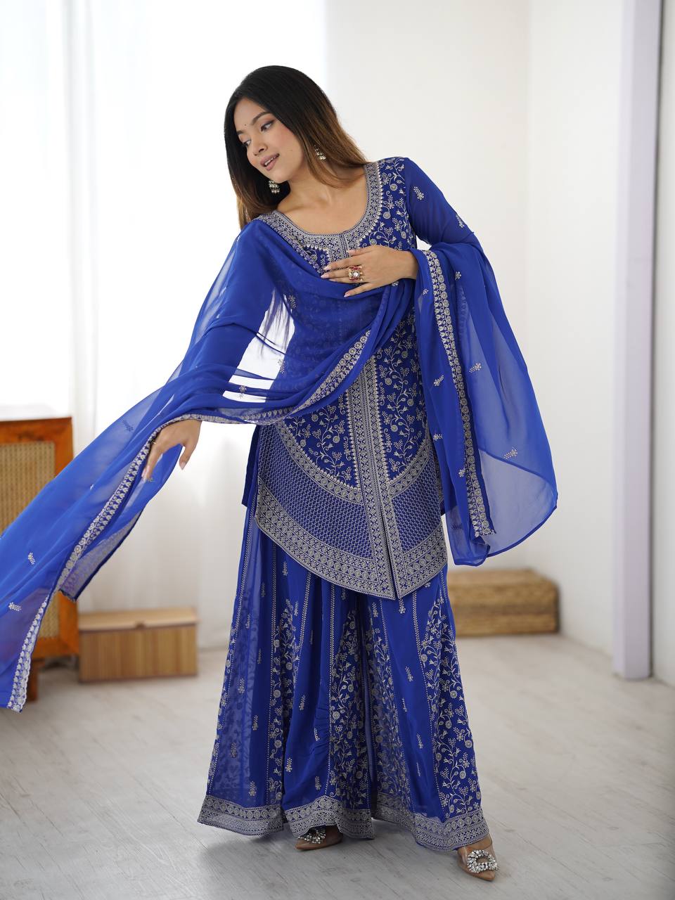 Designer Faux Georgette Embroidered Palazzo Suit Set with Sequins Work Dupatta | Ready to Wear Wedding & Festive Ethnic Wear for Women