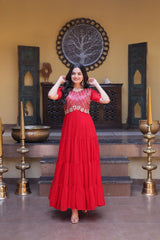 Party Wear Faux Blooming Long Gown with Heavy Embroidery Work