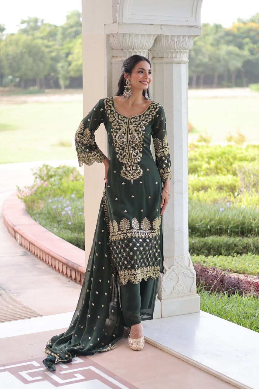 Embroidered Faux Blooming Kurti Set with Pant and Sequined Dupatta