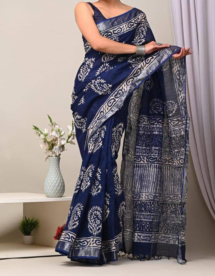 Premium Linen Saree with Digital Printed Pallu and Silver Zari Weaving Border
