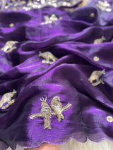 Handcrafted Khatli Work Satin Saree with Designer Stitched Blouse and Scalloped Border