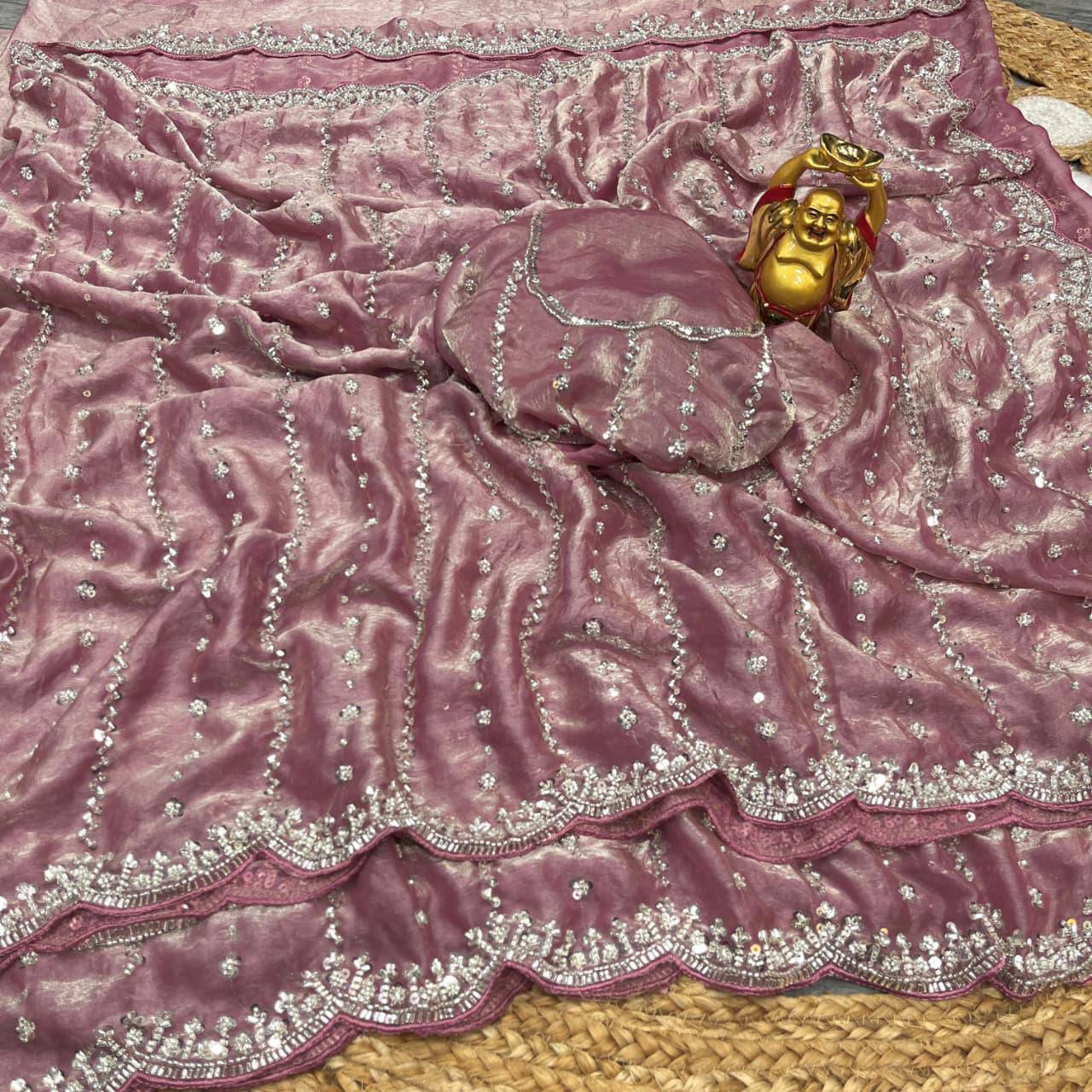 Pure Space Silk Party Wear Saree with Gold Beads, Sequins & Cutdana Handwork and Designer Work Blouse