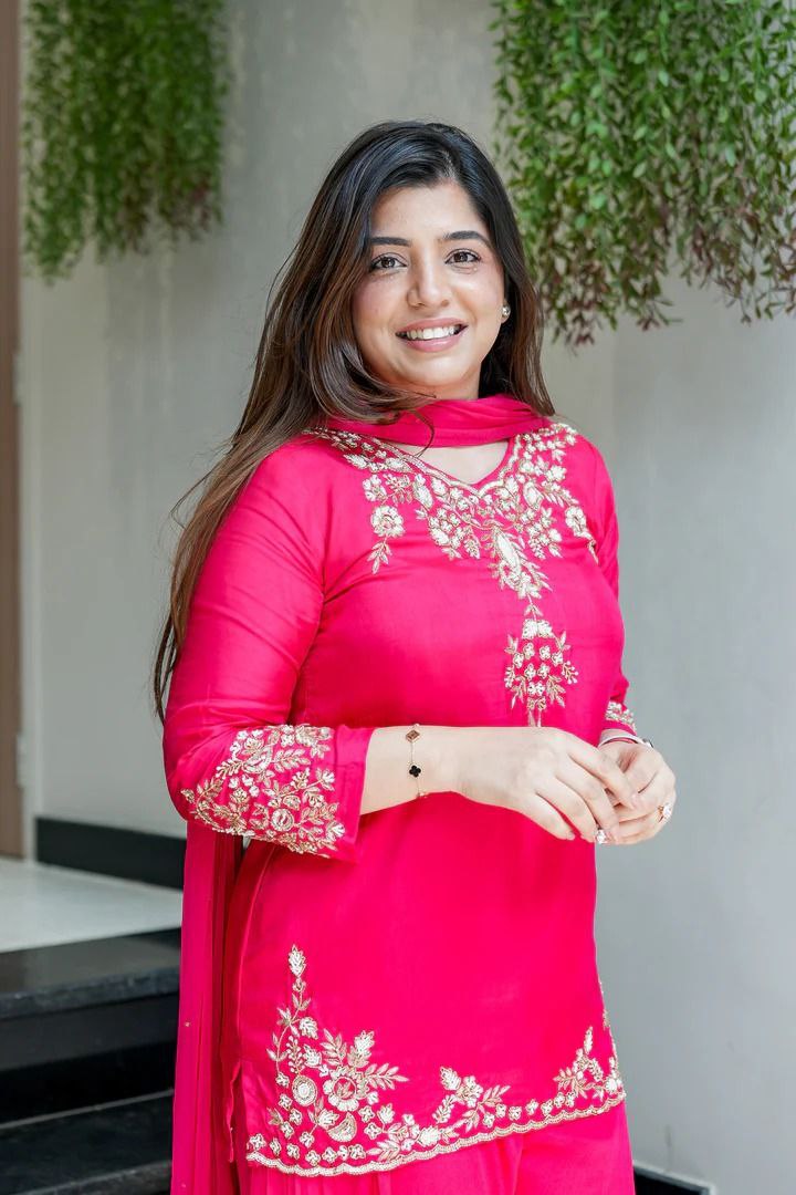 Handwork Mul Chanderi Kurta Sharara Set with Chiffon Dupatta