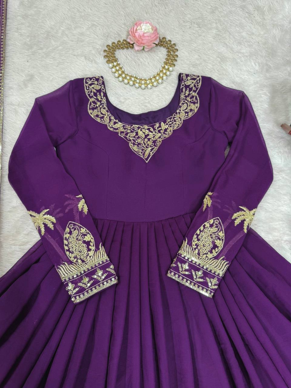Faux Georgette Embroidered Gown Set with Sequence Work & Matching Pant