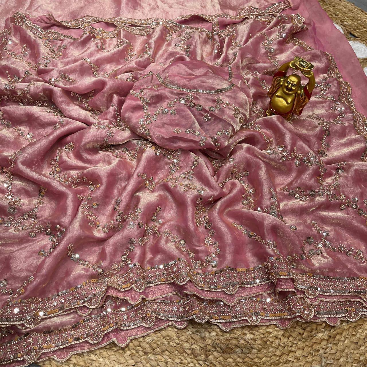 Designer Space Silk Party Wear Saree with Velvet Shine & Gold Cutdana Handwork
