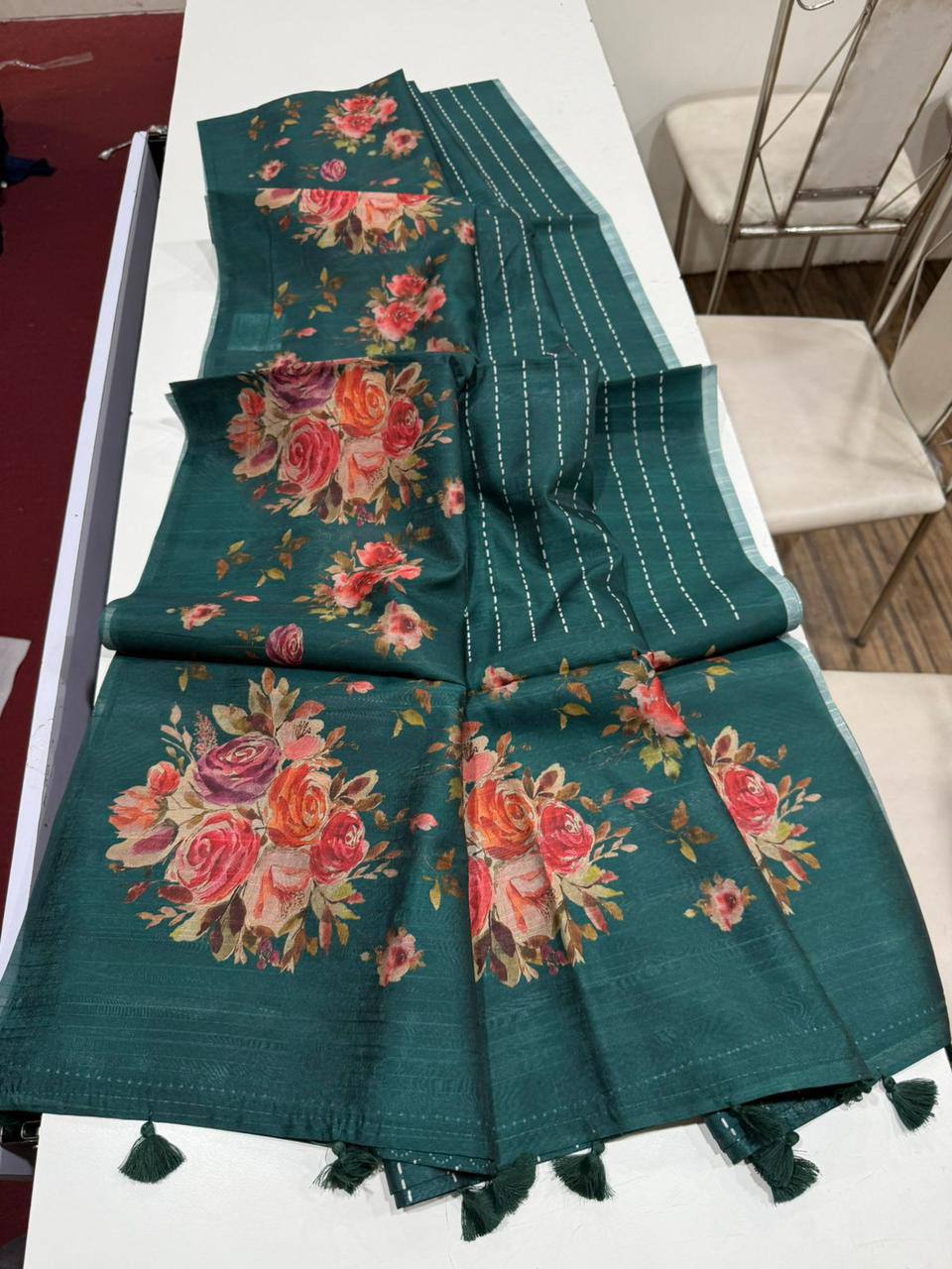 Digital Floral Print Semi Desi Tussar Silk Saree with Tassel Detail and Matching Blouse