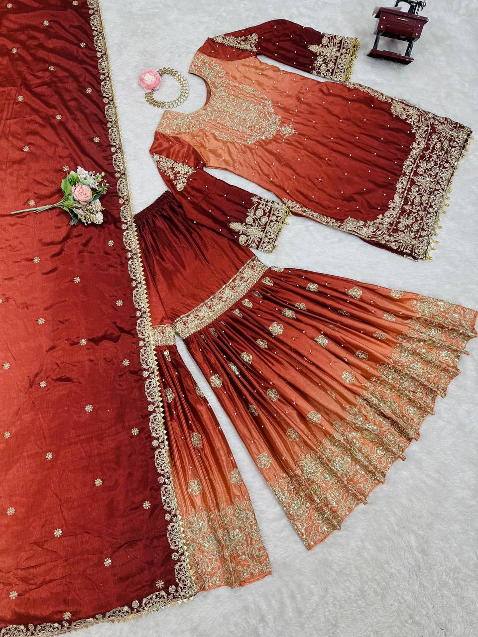 Premium Chinon Silk Embroidered Kurti Plazo Set with Dupatta | Coding Dori, Sequin & Moti Work | Party & Festive Wear