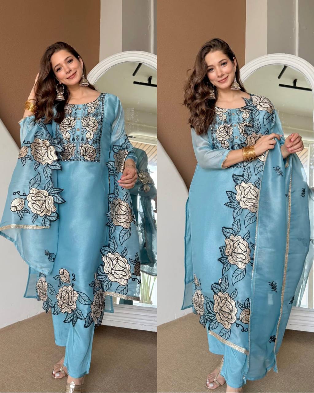 Premium JMC Silk Thread Work Kurti Pant Dupatta Set | Festive Wear