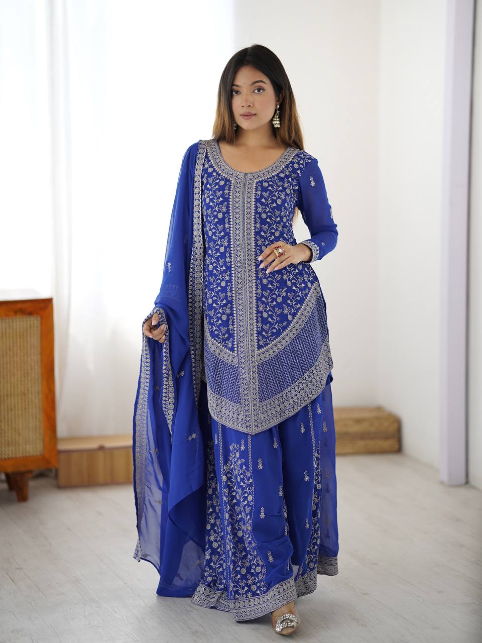 Designer Faux Georgette Embroidered Palazzo Suit Set with Sequins Work Dupatta | Ready to Wear Wedding & Festive Ethnic Wear for Women