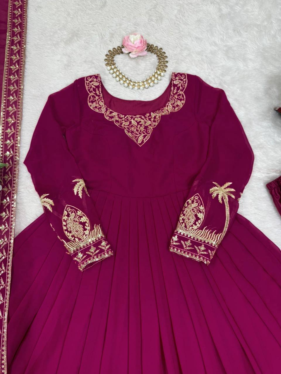 Faux Georgette Embroidered Gown Set with Sequence Work & Matching Pant