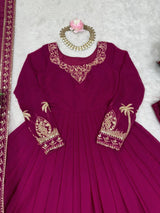 Faux Georgette Embroidered Gown Set with Sequence Work & Matching Pant