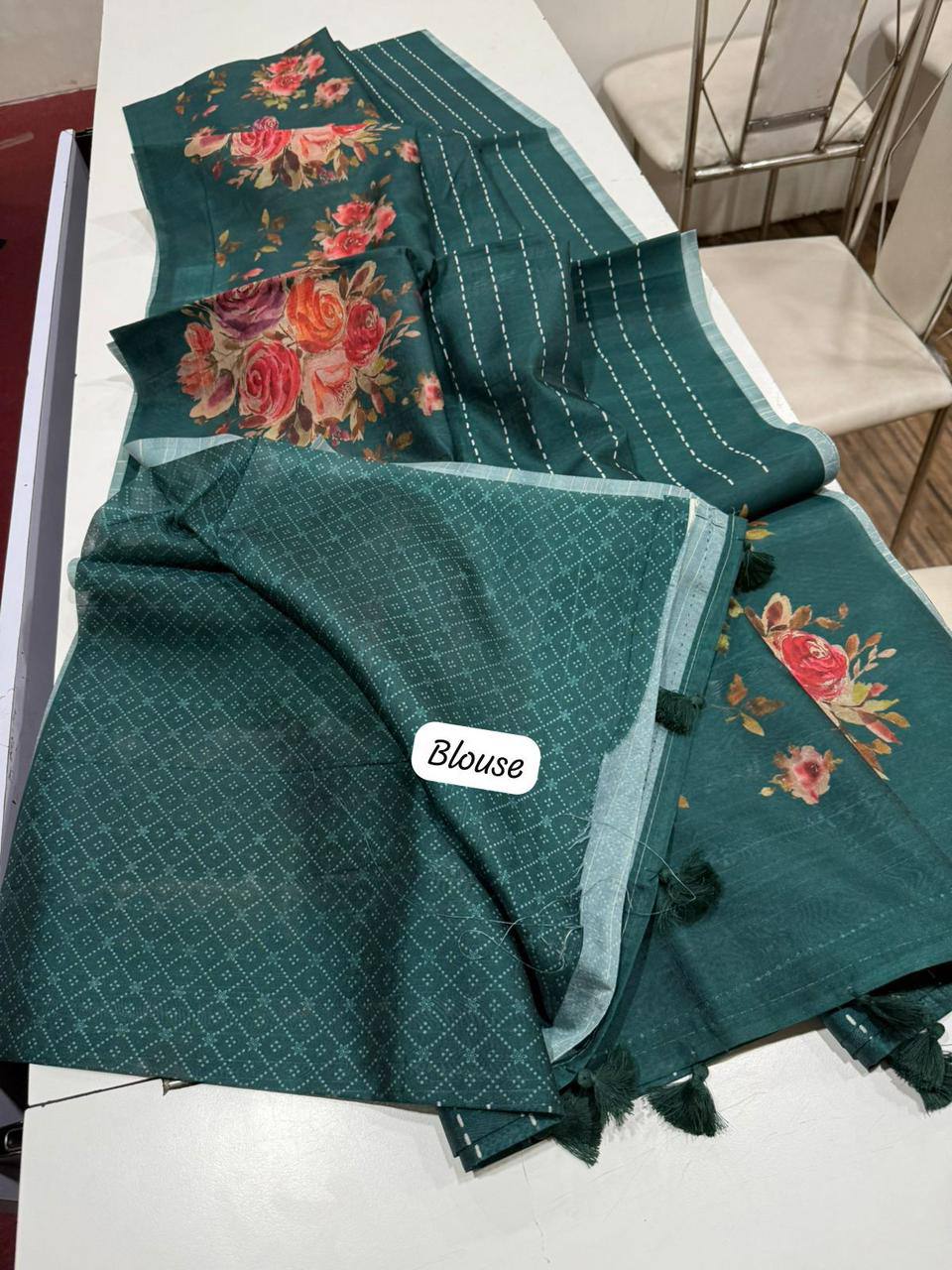 Digital Floral Print Semi Desi Tussar Silk Saree with Tassel Detail and Matching Blouse